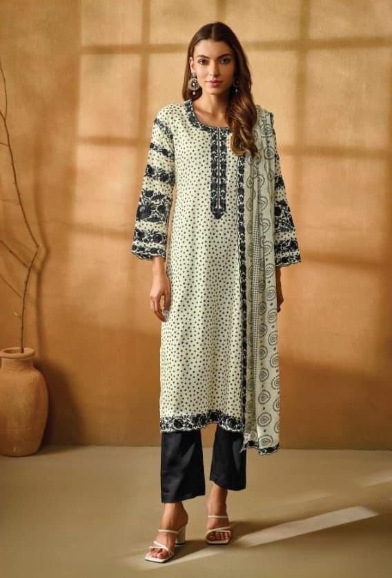 Kimora Gara 8798 - Pure Cotton Satin Print With Gara Embroidery Suit