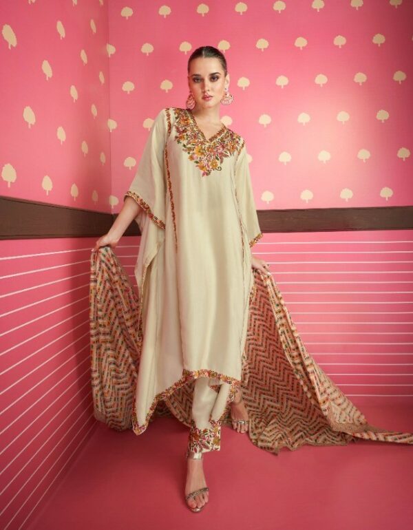 Ready To Wear - Cream Silk Satin Kaftan with Pant Stitched and Chinon Printed Dupatta