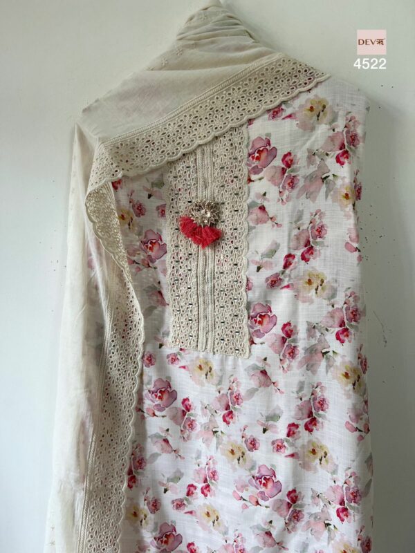 Pure Linen Printed With Crochet Work Suit