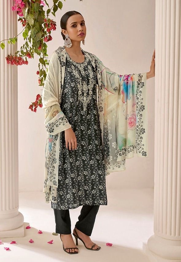 Kimora Afsana 8932 - Pure Muslin Silk Print With Embroidery Suit