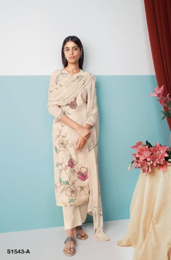 Ganga Vasana S1543A - Premium Cotton Linen Printed With Embroidery And Handwork Suit - TIF 719