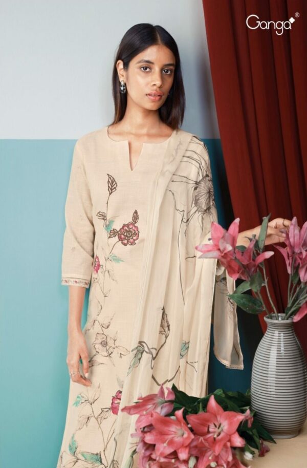 Ganga Vasana S1543A - Premium Cotton Linen Printed With Embroidery And Handwork Suit - TIF 719