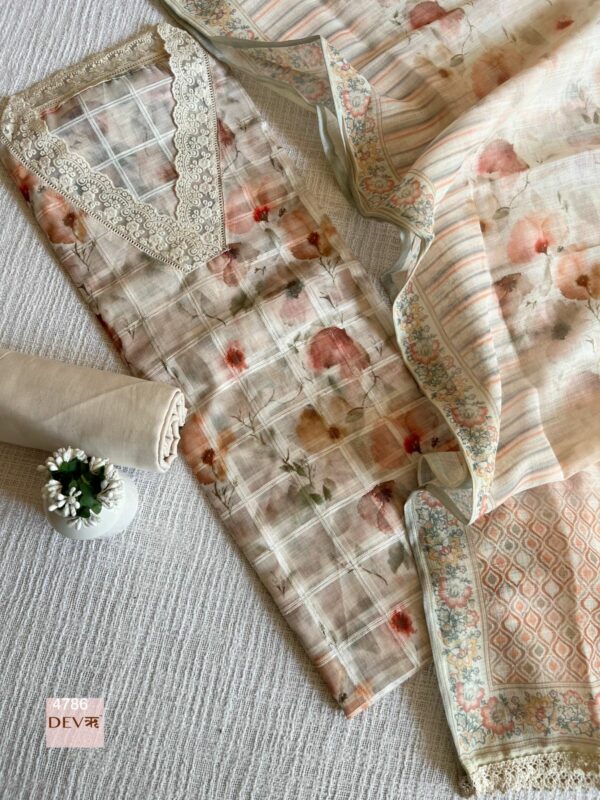 Pure Linen Printed With Crochet Lace Work Suit
