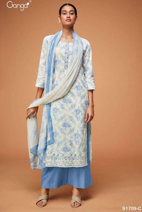 Ganga Dharini S1709D - Premium Cotton Printed With Embroidery And Cotton Lace Suit