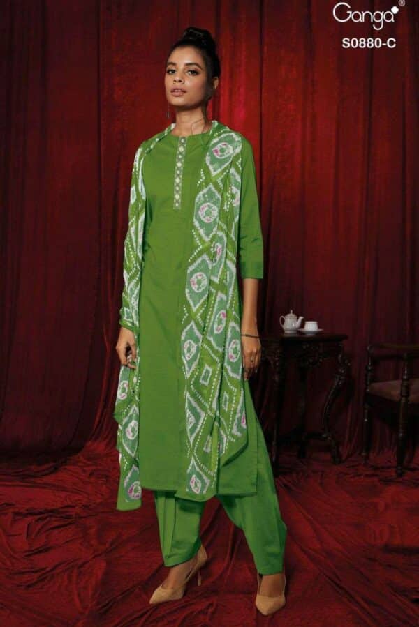 Ganga Ruha S0880D - Premium Cotton With Printed Neck And Daman And Cotton Lace Suit