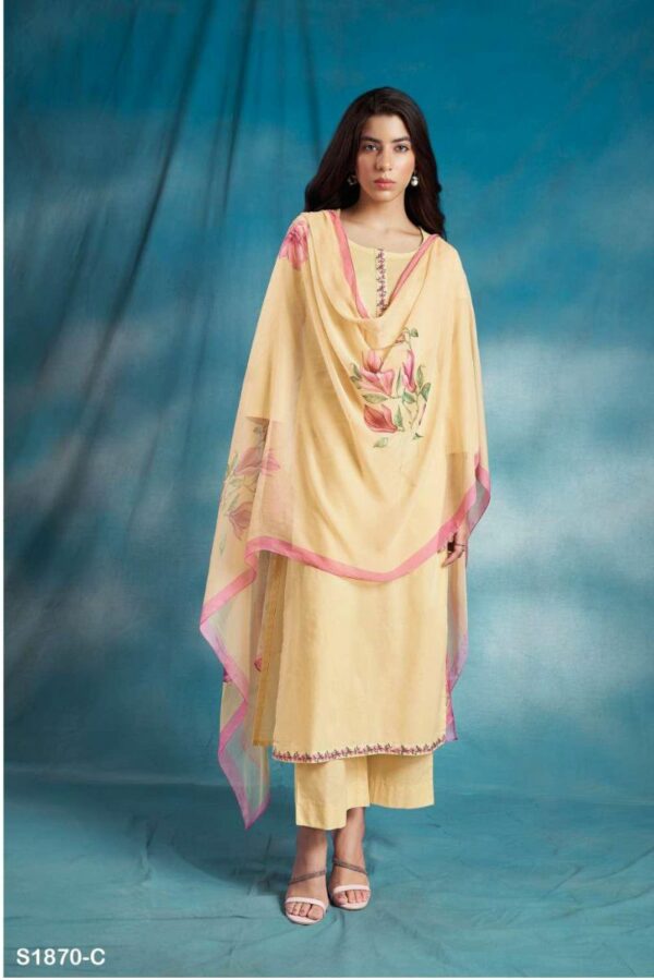 Ganga Ruha S1870E - Premium Cotton With Printed Neck And Daman Suit