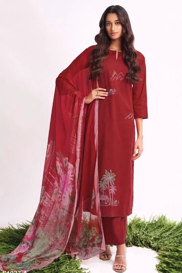 Ganga Freya S1937D - Premium Cotton Satin with Embroidery and Lace Work Suit