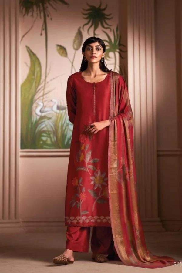 Ganga Shanaya C1138 -Premium Bemberg Russian Silk Printed With Embroidery And Lace Suit