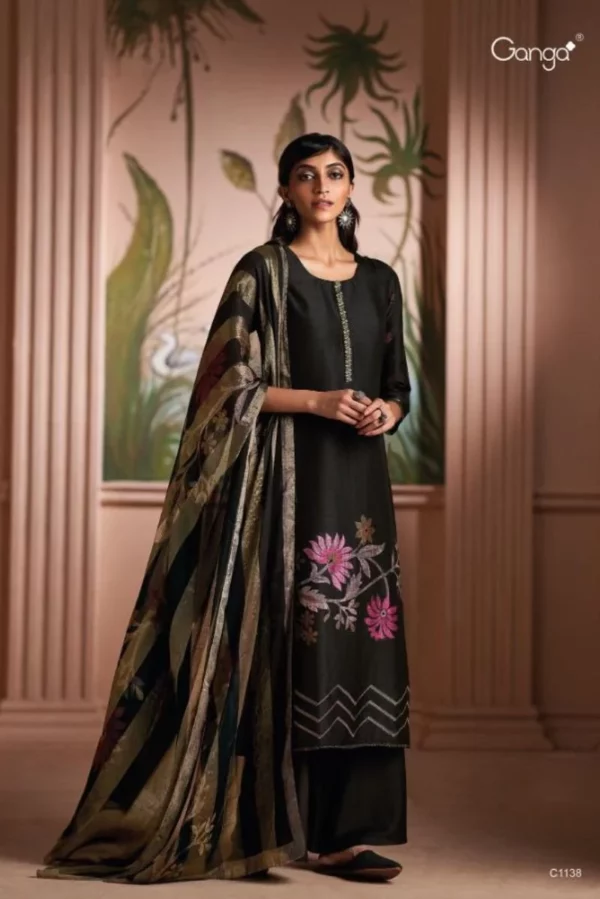 Ganga Shanaya C1138 -Premium Bemberg Russian Silk Printed With Embroidery And Lace Suit