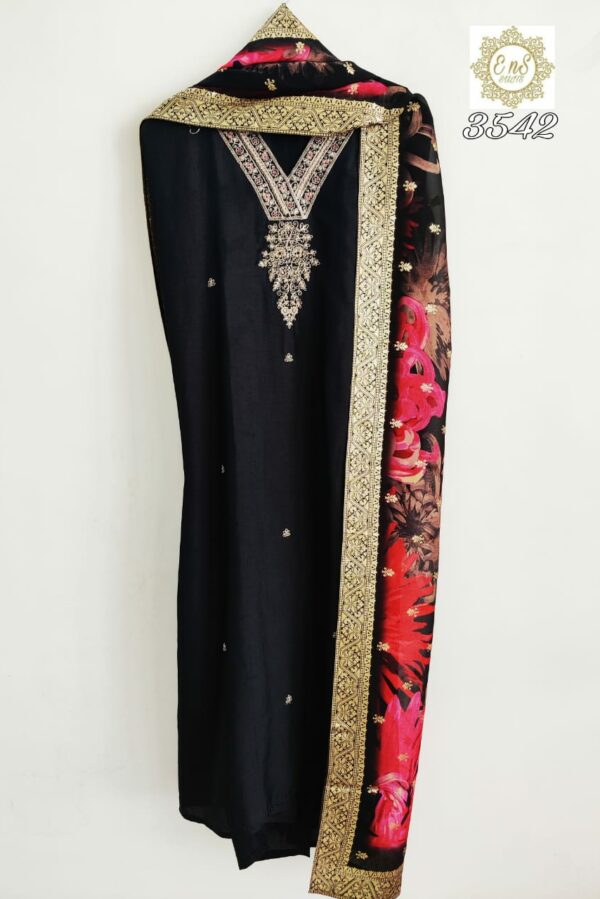 Pure Russian Silk With Beautiful Fine Pitta, Dori & Handwork Embroidery Suit
