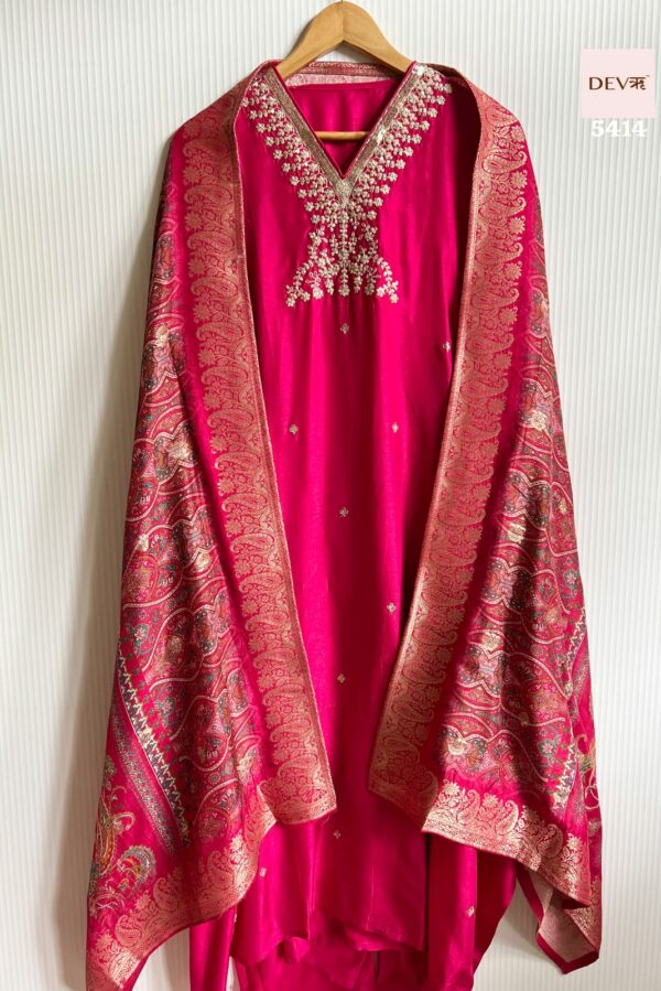 Pure Russian Silk Beautiful Neckline With Dori, Thread & Sequence Embroidery Suit