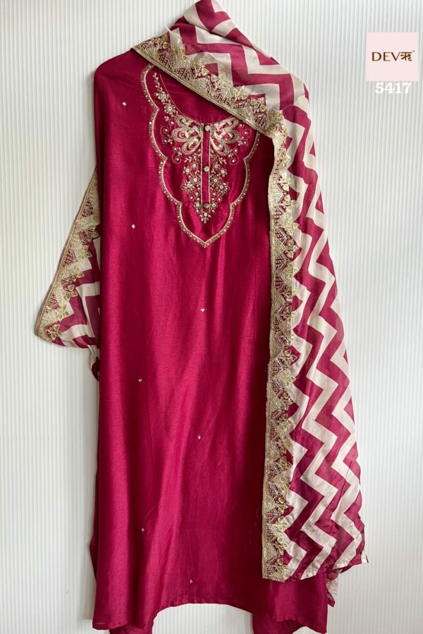Pure Russian Silk With Elegant Neckline Handwork Embroidery Suit
