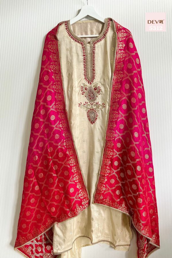 Pure Russian Silk With Beautiful Banarasi Weave, Dabka, Thread & Beads Work Suit
