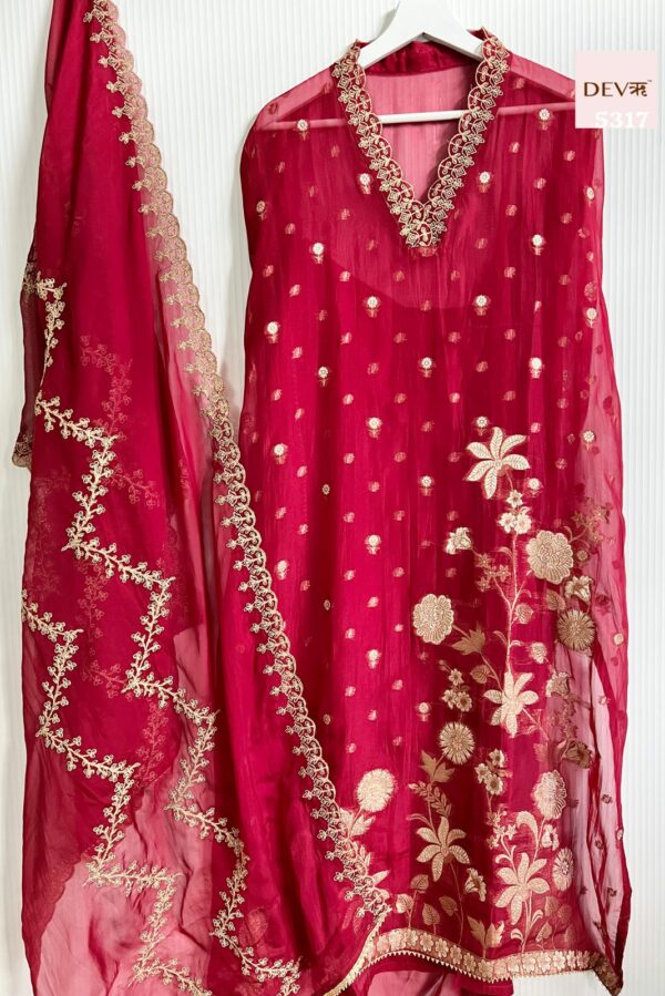 Pure Viscose Organza With Beautiful Banarasi Weave & Neckline Taar Work Suit
