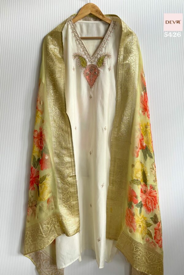 Pure Russian Silk With Elegant Thread, Dori & Sequins Embroidery Suit