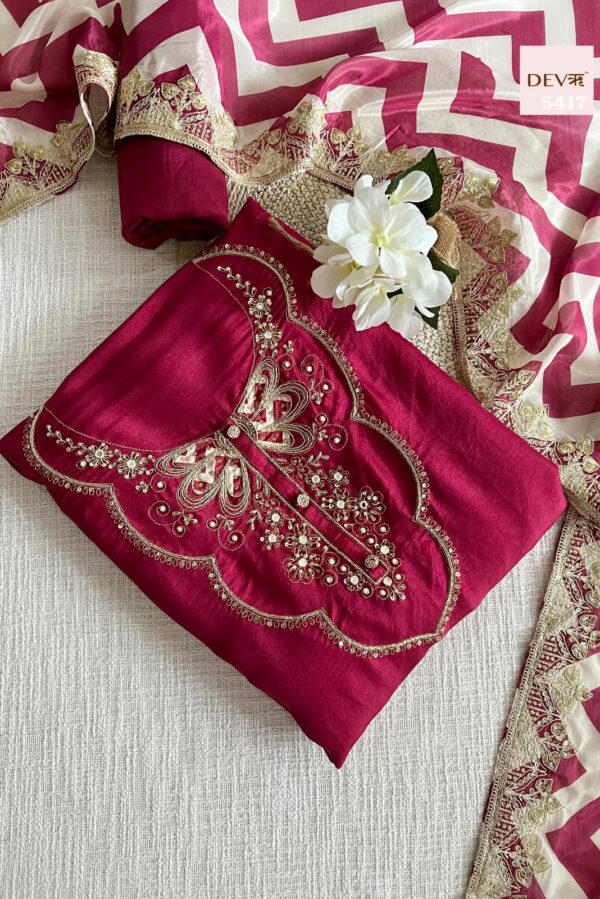 Pure Russian Silk With Elegant Neckline Handwork Embroidery Suit