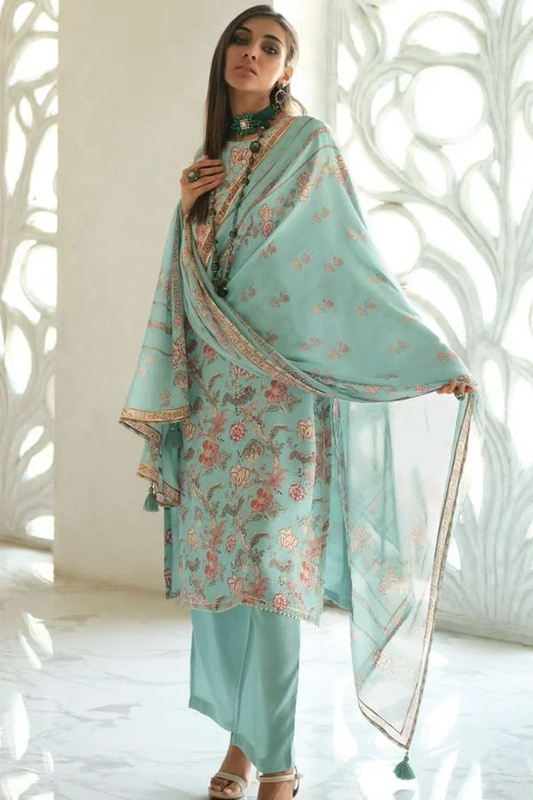 Varsha Ecru 04 - Pashmina Silk Digital Print With Laces Suit