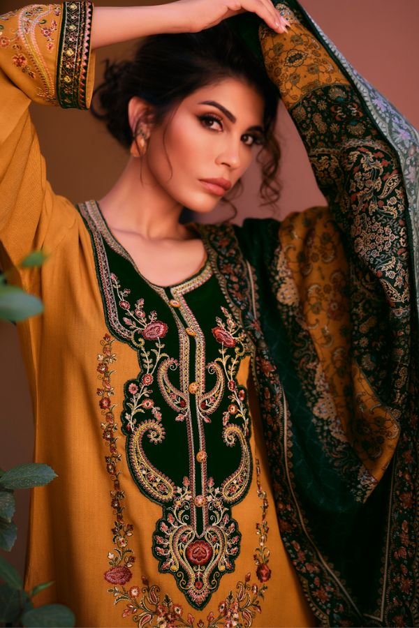 Varsha Portrait PC04 -Pashmina Silk Solid with Embroidered Velvet Patches Suit
