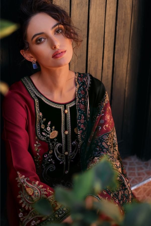 Varsha Portrait PC04 -Pashmina Silk Solid with Embroidered Velvet Patches Suit
