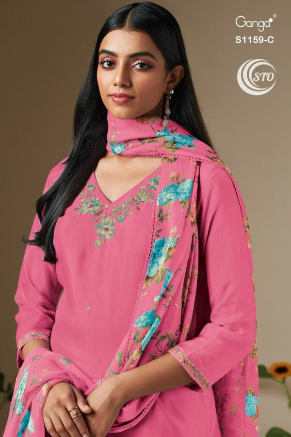 Ganga S1159D - Pure Habutai Silk Embroidered Suit