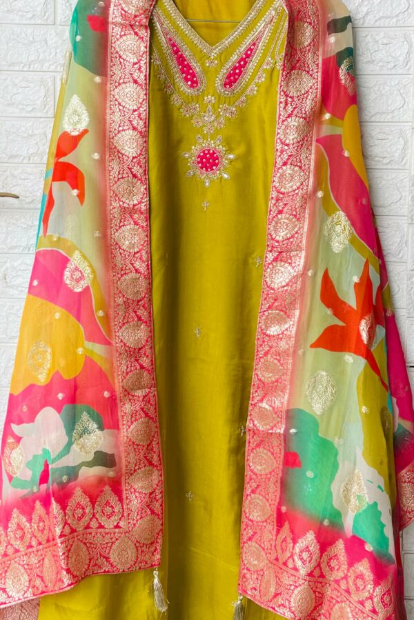 Silk With Elegant V Neck Handwork Embroidery Suit