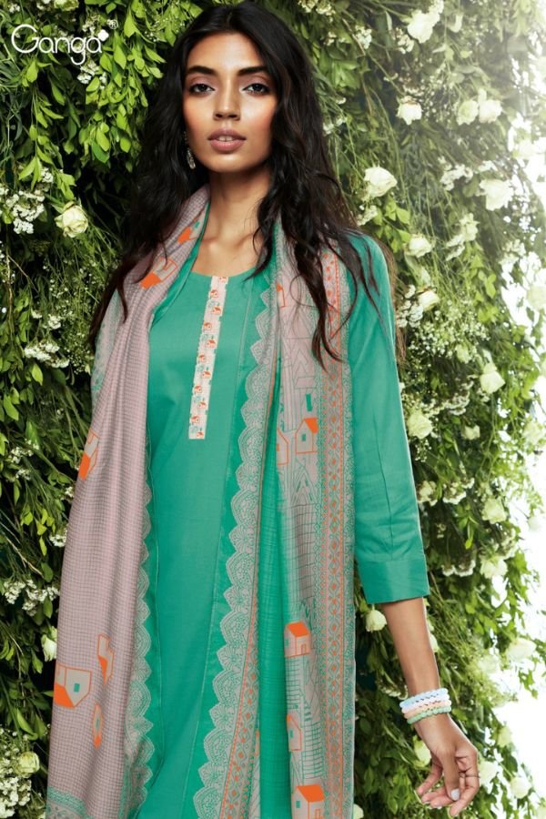 Ganga Heny S0982D - Premium Cotton Printed With Lace Work Suit