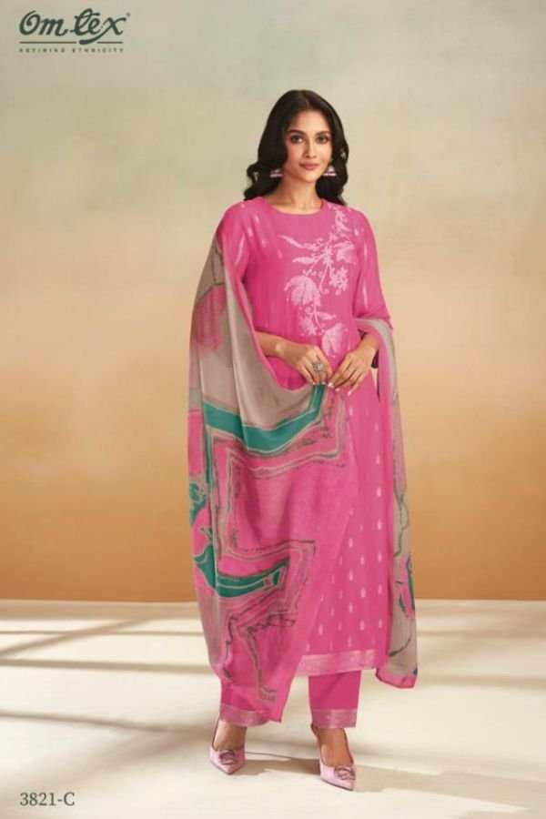 Omtex Aamod 3821D - Pure Muslin Jacquard With Handwork Suit
