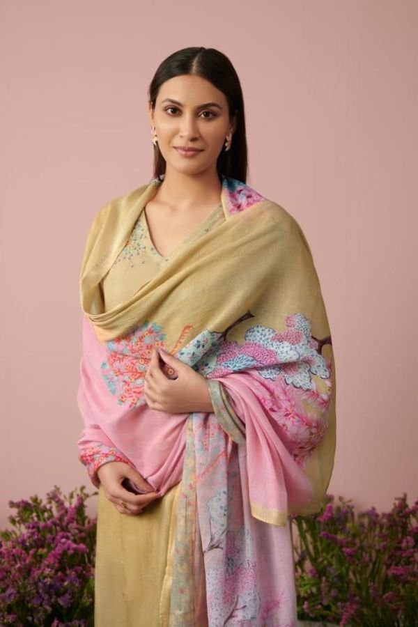TM Flower Valley 975 -  Pure Linen Pattern Printed With Embroidery And Handwork Suit