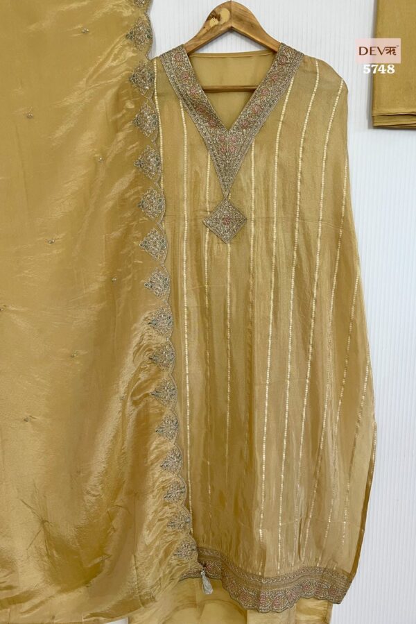 Pure Tissue Silk Neckline With Beautiful Dori, Thread & Sequins Embroidery Suit 