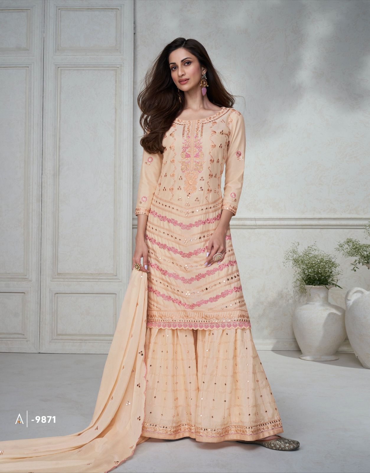 Aashirwad Agha Noor 9874 - Premium Chinon Silk Embroidered Stitched Suit