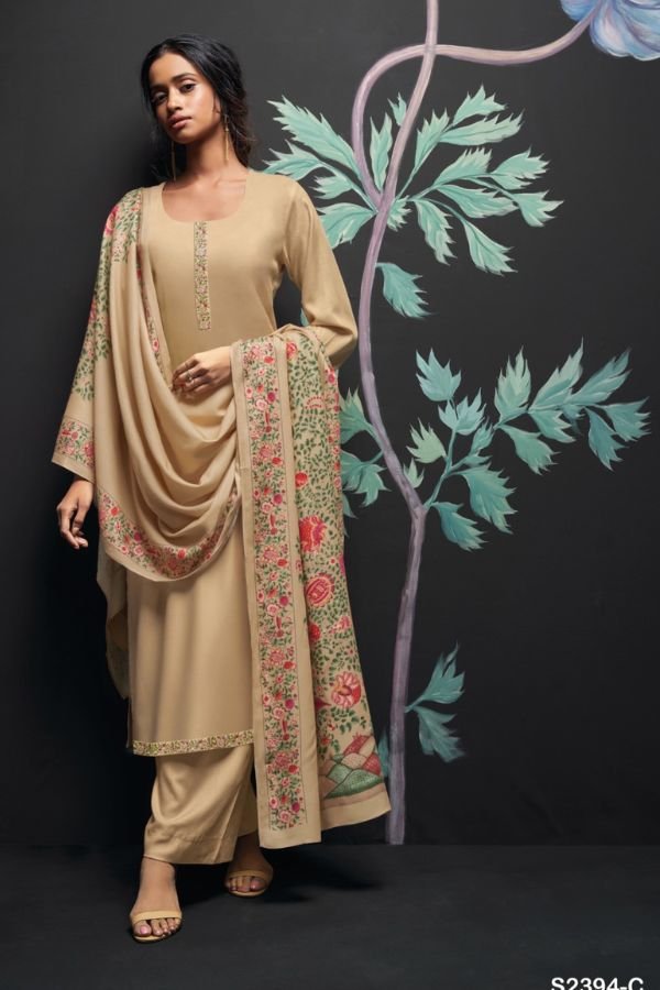 Ganga Aracely S2394D - Premium Cotton Silk With Printed Neck And Daman Border Suit