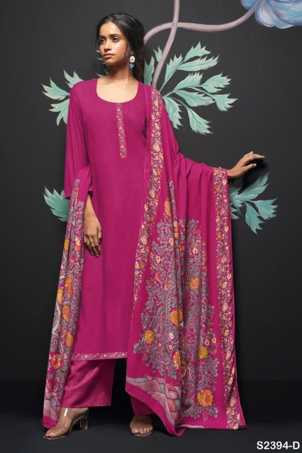 Ganga Aracely S2394D - Premium Cotton Silk With Printed Neck And Daman Border Suit