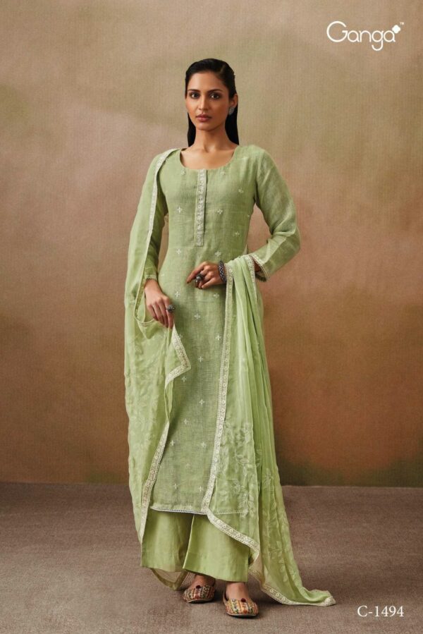 Ganga Aradhana 1496 - Premium Cotton Linen Solid With Embroidery And Handwork Suit
