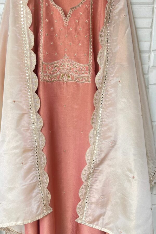 Pure Shimmer Silk With Zari, Pearl & Sequence Embroidery Suit