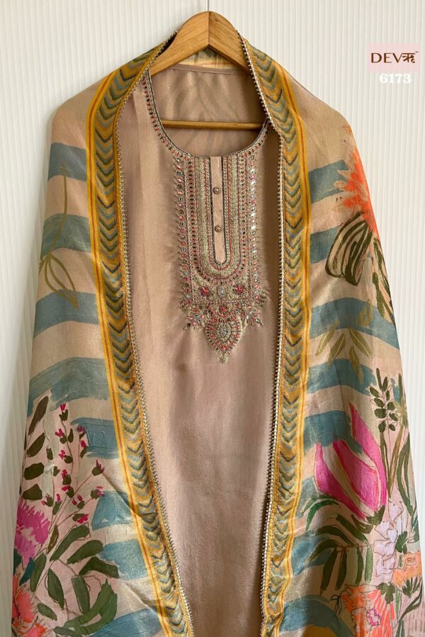 Pure Tissue Silk With Beautiful Dori, Thread & Sequins Neckline Embroidery Suit
