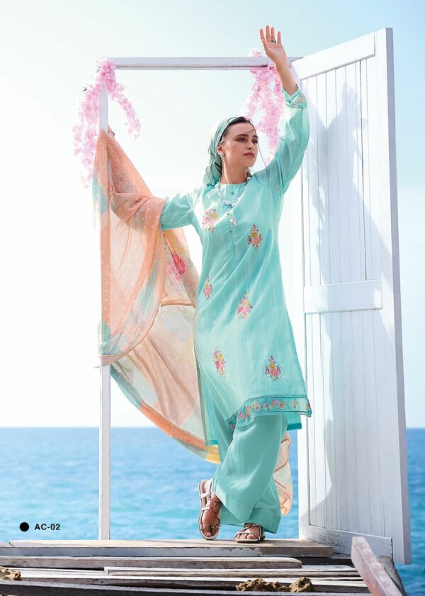 Varsha Aqua 05 - Raw Cotton Self Weave Essense With Floral Embroidered Suit
