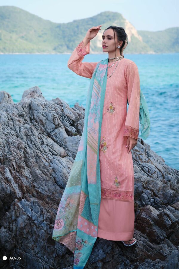 Varsha Aqua 05 - Raw Cotton Self Weave Essense With Floral Embroidered Suit