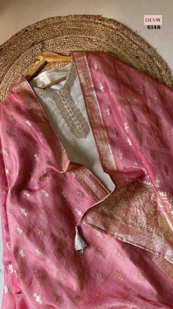 Pure Tissue Shimmer Silk With Beautiful Handwork Neckline Suit