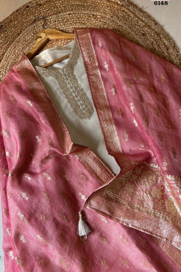Pure Tissue Shimmer Silk With Beautiful Handwork Neckline Suit