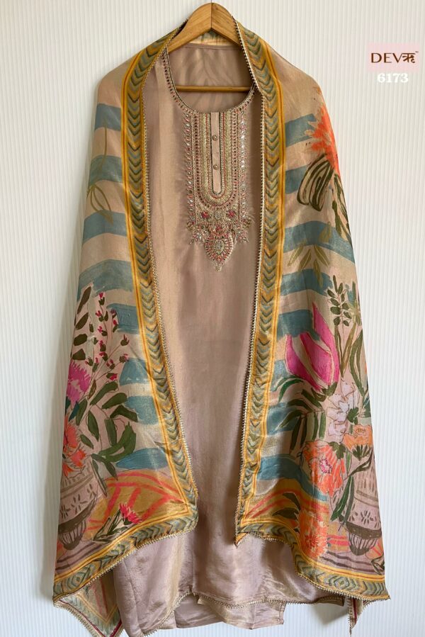 Pure Tissue Silk With Beautiful Dori, Thread & Sequins Neckline Embroidery Suit