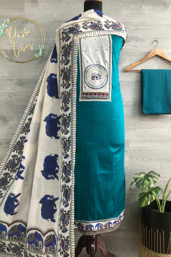 Cotton With Handwork Motif & Madhbani Printed Daman Suit