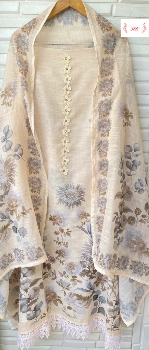 Fine Cotton Linen Printed With Crochet Work Suit