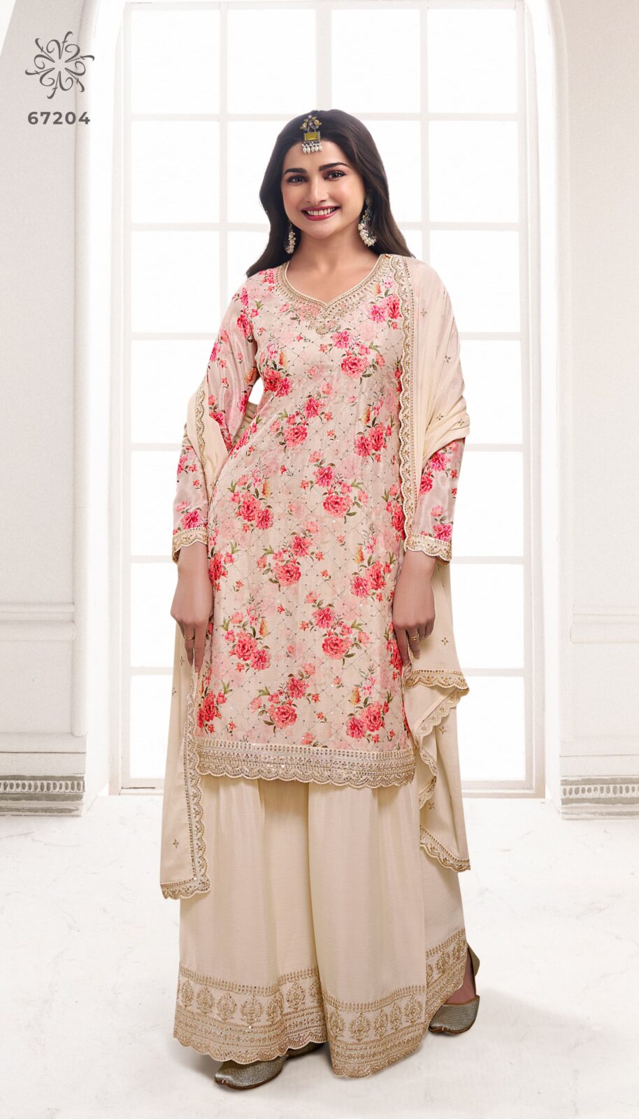 Vinay Sneh -  Heavy Embroidered Digital Printed Chinon Suit