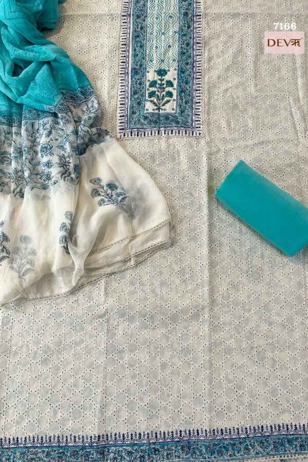 Pure Cotton Chikan With Neckline Block Print Katha & Mirror Work Suit