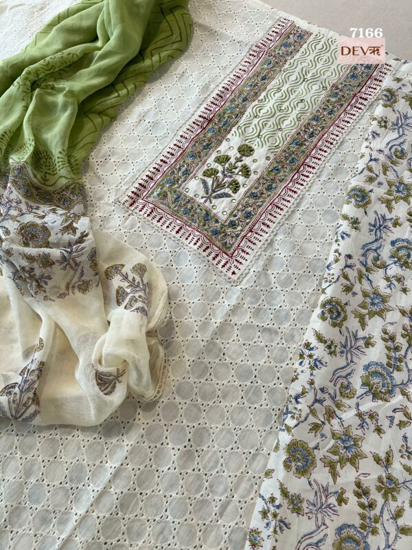 Pure Cotton Chikan With Neckline Block Print Katha & Mirror Work Suit