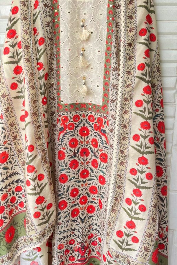 Pure Linen Cotton Printed With Chikan Yoke  Mirror & Swarovski Highlighting Suit
