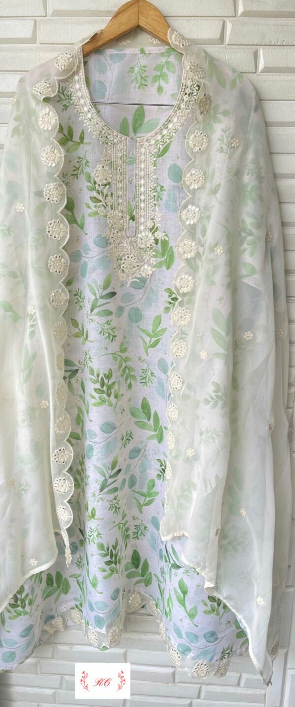 Pure Linen Cotton Printed With Mirror, Pathri & Resham Embroidery Suit