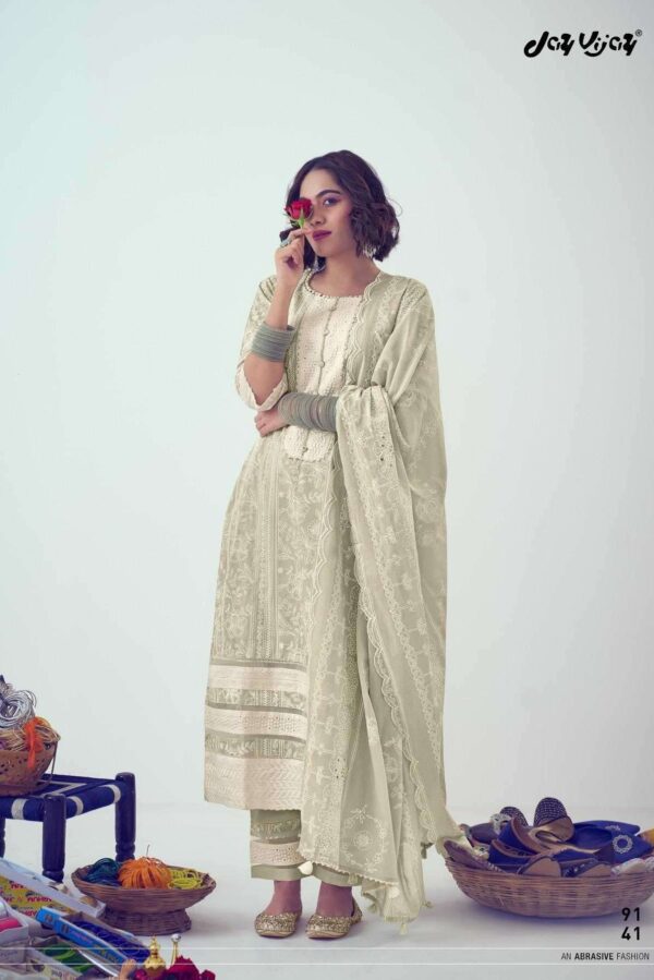 Jay Vijay Lamha 9146 - Pure Cotton Linen Khadi Printed With Embroidery and Lace Work Suit