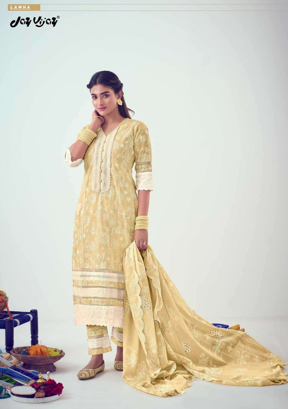 Jay Vijay Lamha 9146 - Pure Cotton Linen Khadi Printed With Embroidery and Lace Work Suit