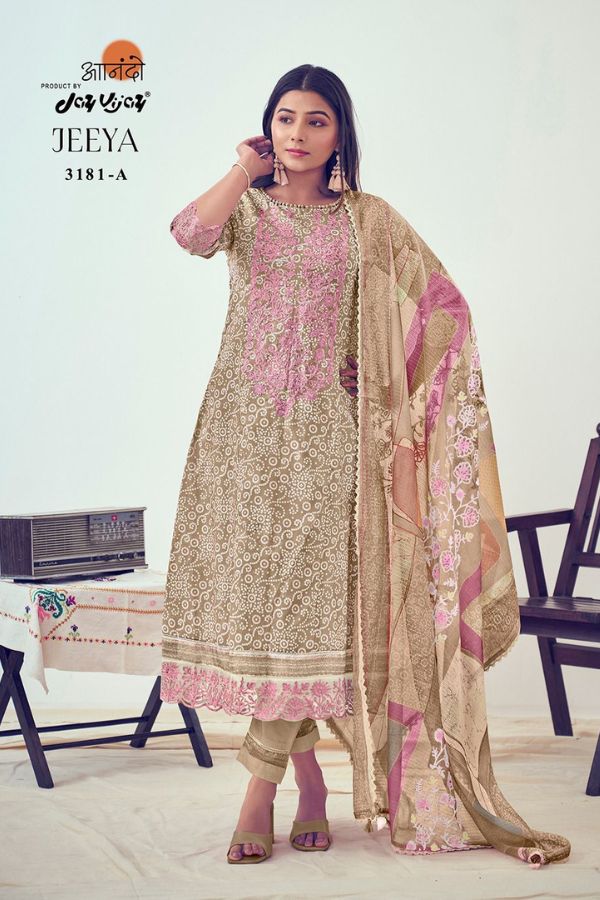 Jay Vijay Jeeya 3181D - Pure Cotton Fancy Block Print With Embroidery Suit